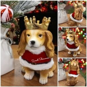 Christmas Spaniel DOG Flocked Faux Fur Cape Gold Crown Resin Figure Decor